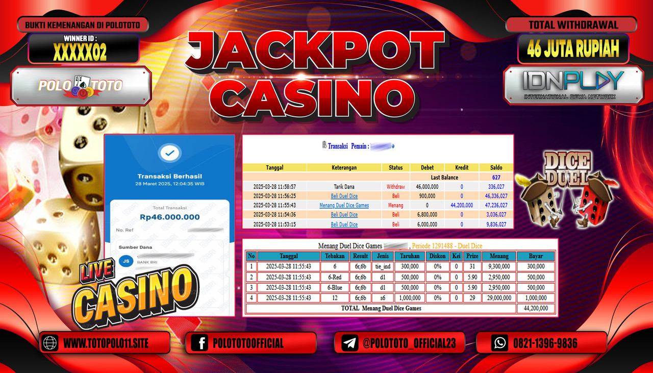 POLOTOTO JACKPOT LIVE CASINO DICE DUEL Rp.46.000.000,-