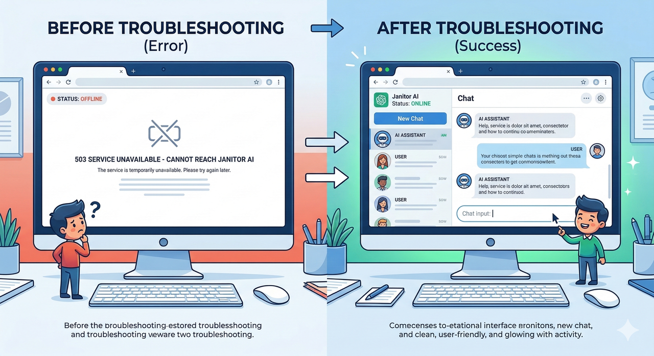 Side-by-side comparison showing a blank Janitor AI error page on the left and a working Janitor AI chat interface with green Online status on the right
