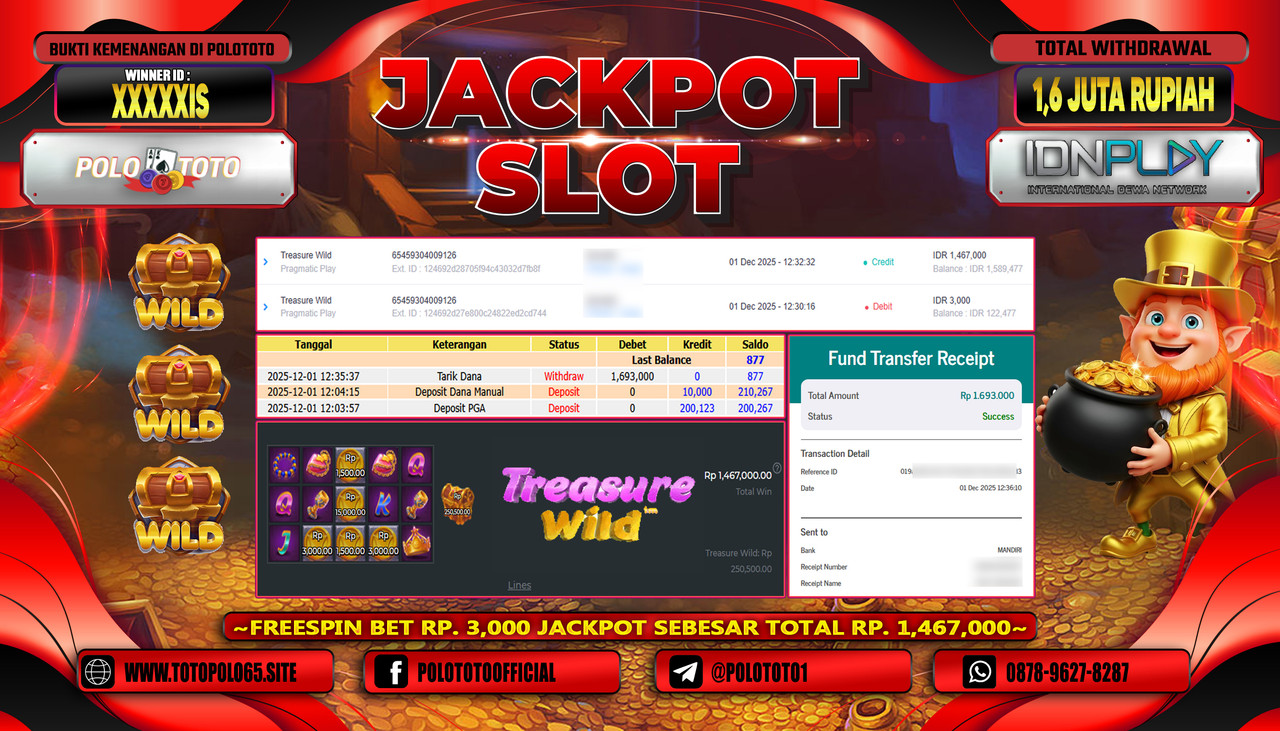 POLOTOTO JACKPOT SLOT TREASURE WILD Rp.1.6000.000,- LUNAS