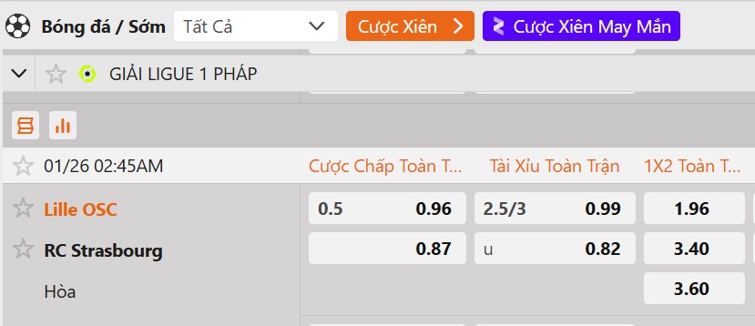 Tỷ lệ kèo Lille vs RC Strasbourg Alsace