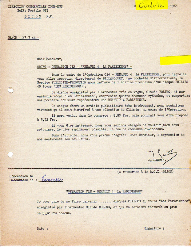 1965-02-03 - R4 La Parisienne - opération Clé & disque Boling