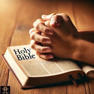 Hands are folded reverently over an open Bible.
