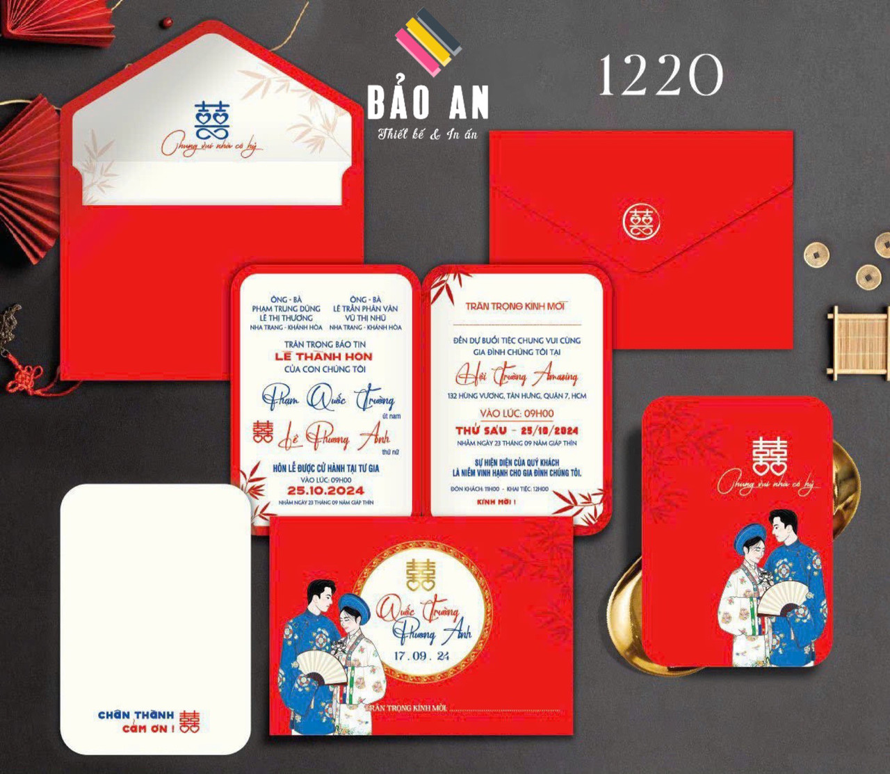 Thiệp chibi hỷ phục xưa tone đỏ (1220)