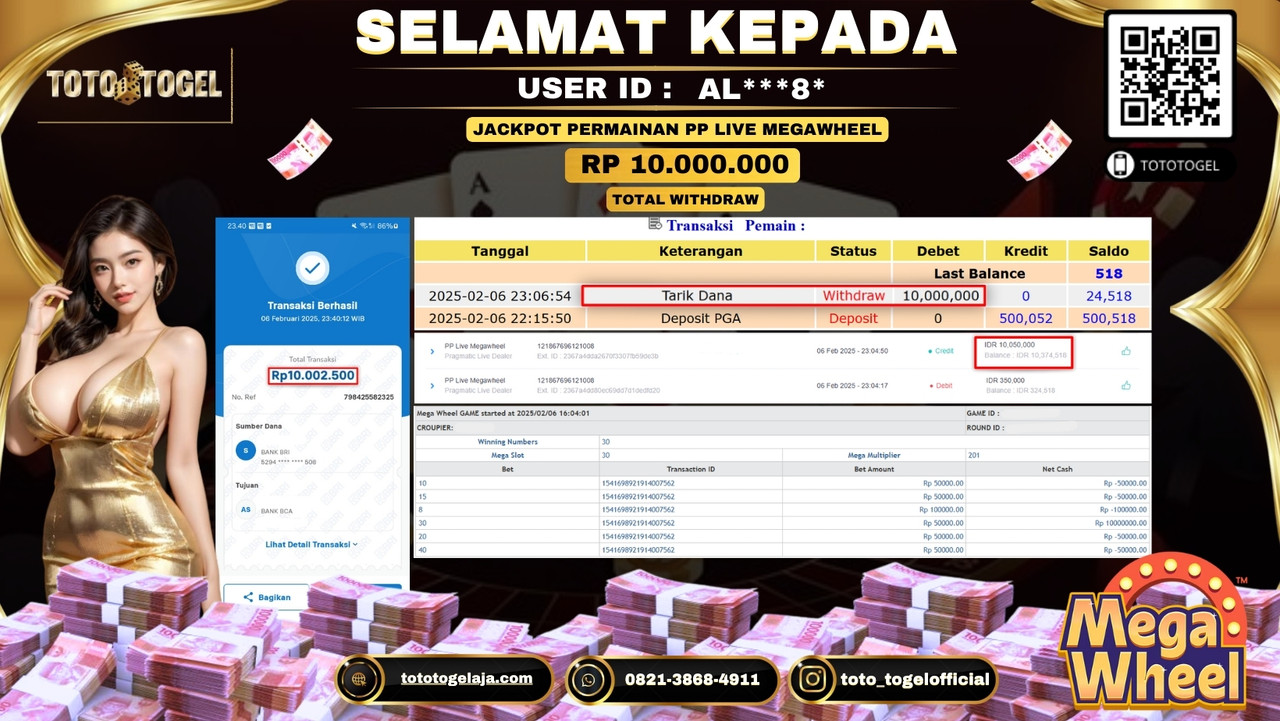 Bukti Pembayaran Jackpot  Permainan Pp Live megawheel   ID:AL***8*  LUNAS