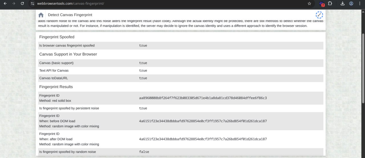 A screenshot of a successful canvas value spoofing
