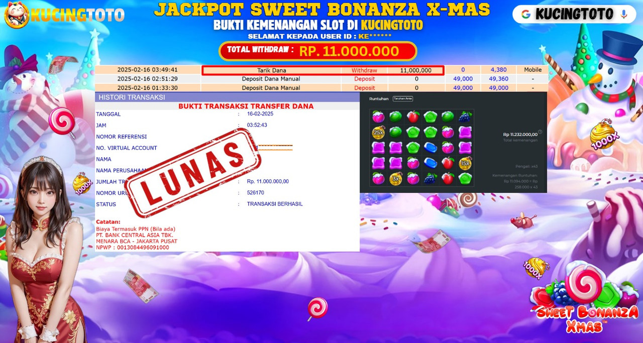 KUCINGTOTO JACKPOT SLOT SWEET BONANZA X-MAS RP.11.000.000.,- LUNAS