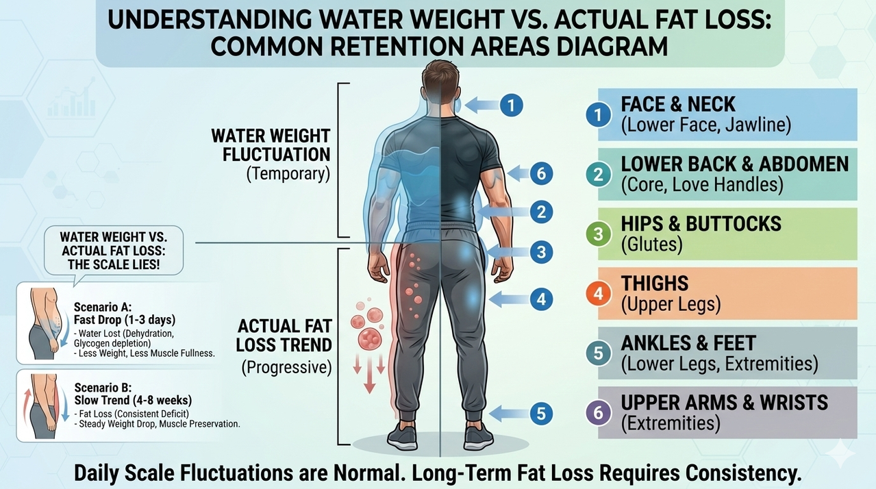 Body diagram showing common water retention areas for difference between water weight and actual fat loss