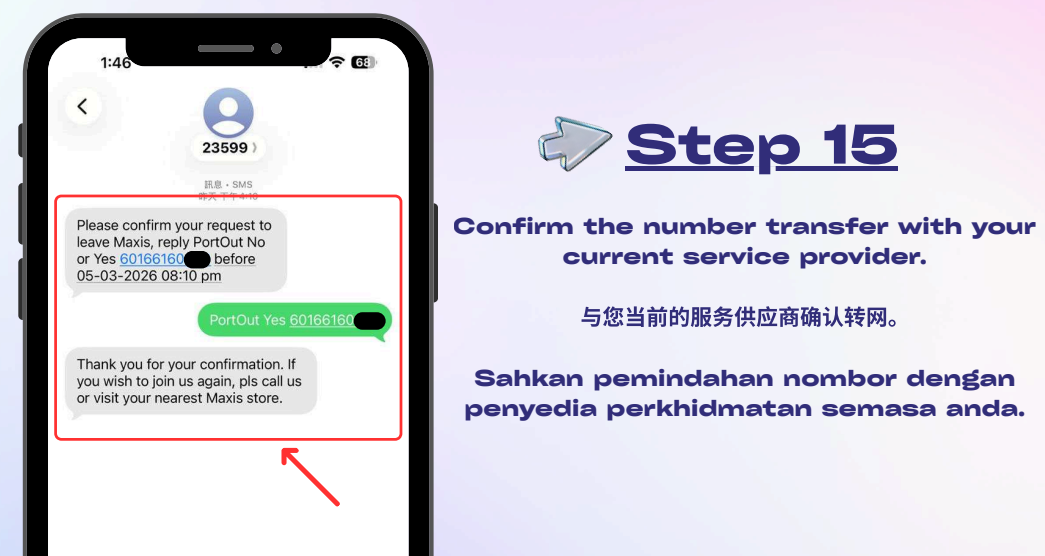 SMS pengesahan telco lama untuk tukar ke Eastel