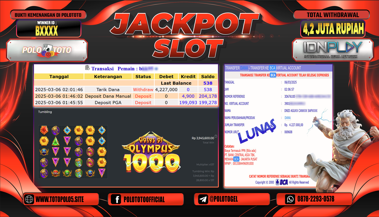 POLOTOTO JACKPOT SLOT GATES OF OLYMPUS 1000 Rp.4.227.000,-
