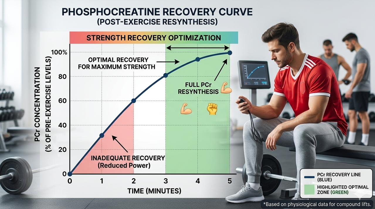 Scientific graph showing phosphocreatine recovery curve over time ATP replenishment and muscle recovery for strength training