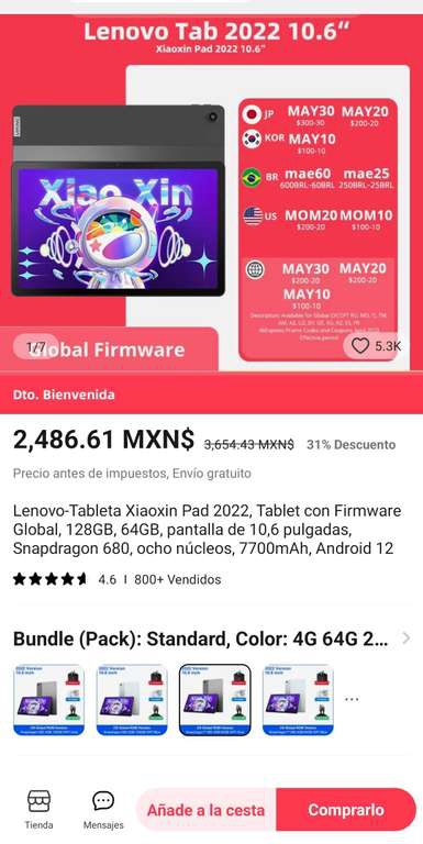 AliExpress: TABLETA LENOVO XIAOXIN PAD 2022 ( 4GB/64GB ) rom global