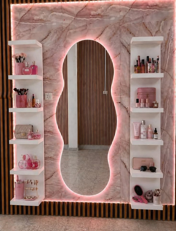 Wavy mirror with lights for a dresser