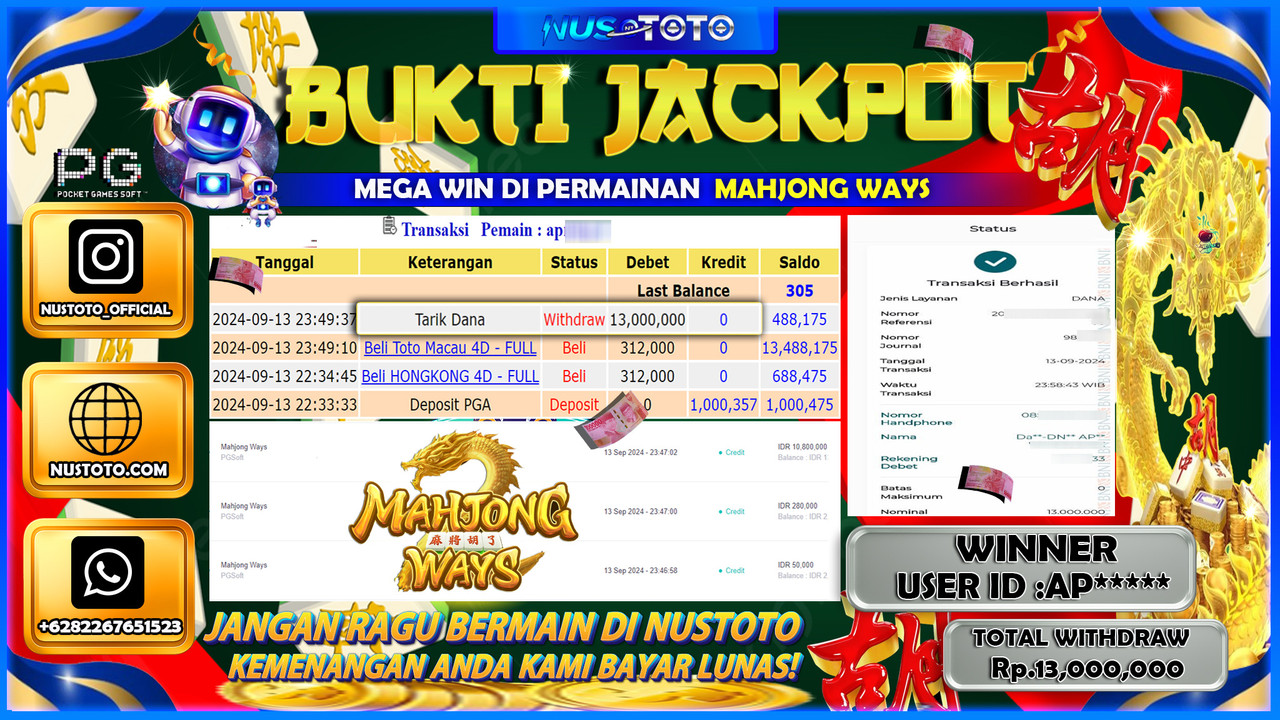 JACKPOT !! MENANG BESAR DI MAHJONG WAYS SEBESAR  Rp. 13.000.000 LANGSUNG DI BAYAR LUNAS NUSTOTO !!