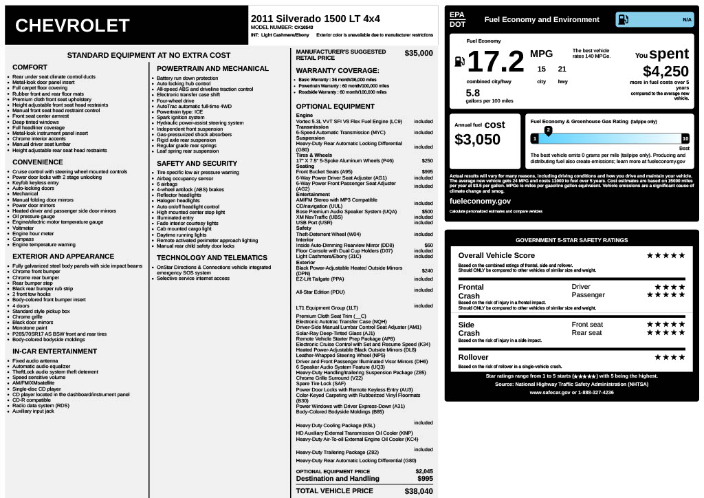 2011 Chevrolet Silverado 1500 LT Window Sticker