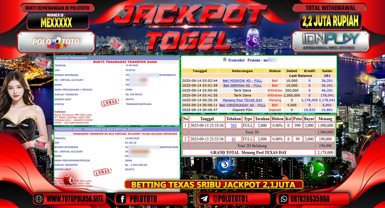 POLOTOTO JACKPOT TOGEL TEXAS DAY Rp.2.200.000,-