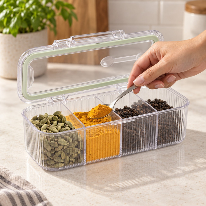 Clear Acrylic 4-Compartment Spice Storage Container with Lid and Spoons