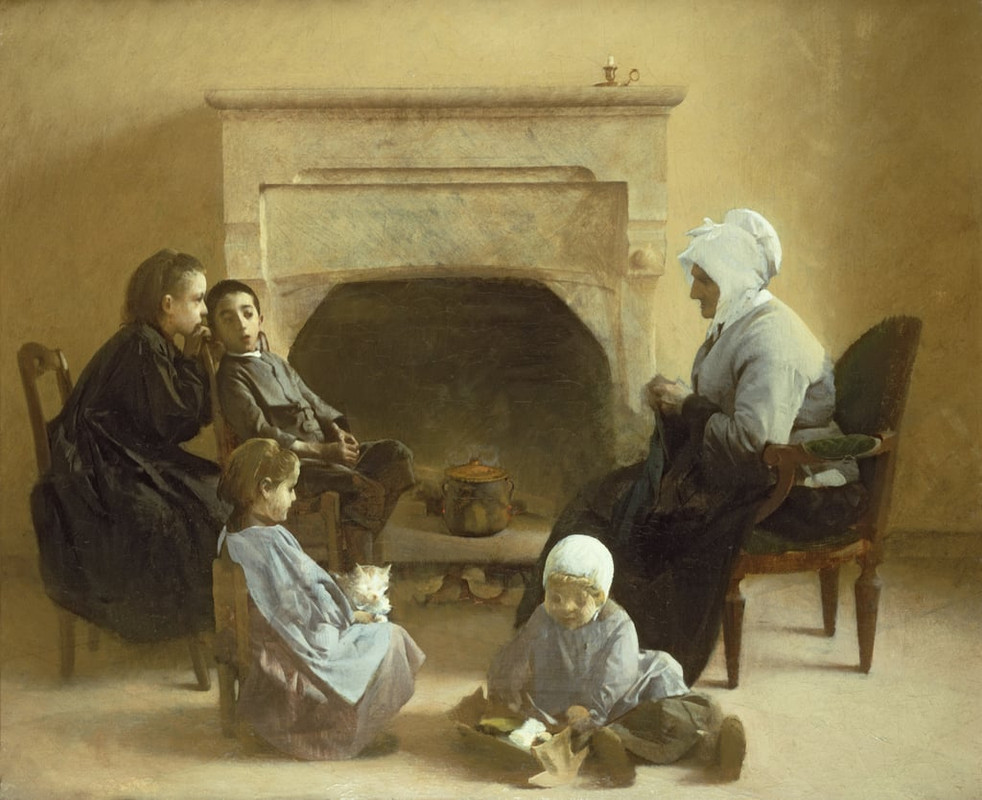 Henri-Jules-Jean-Geoffroy-Family-seated-around-a-hearth-Meister-Drucke-95968
