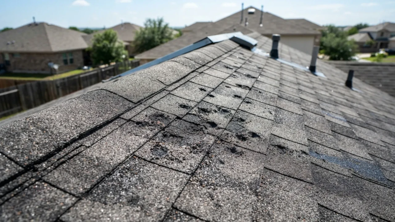 Hail damage on asphalt shingle roof in San Antonio Texas showing granule loss and bruising