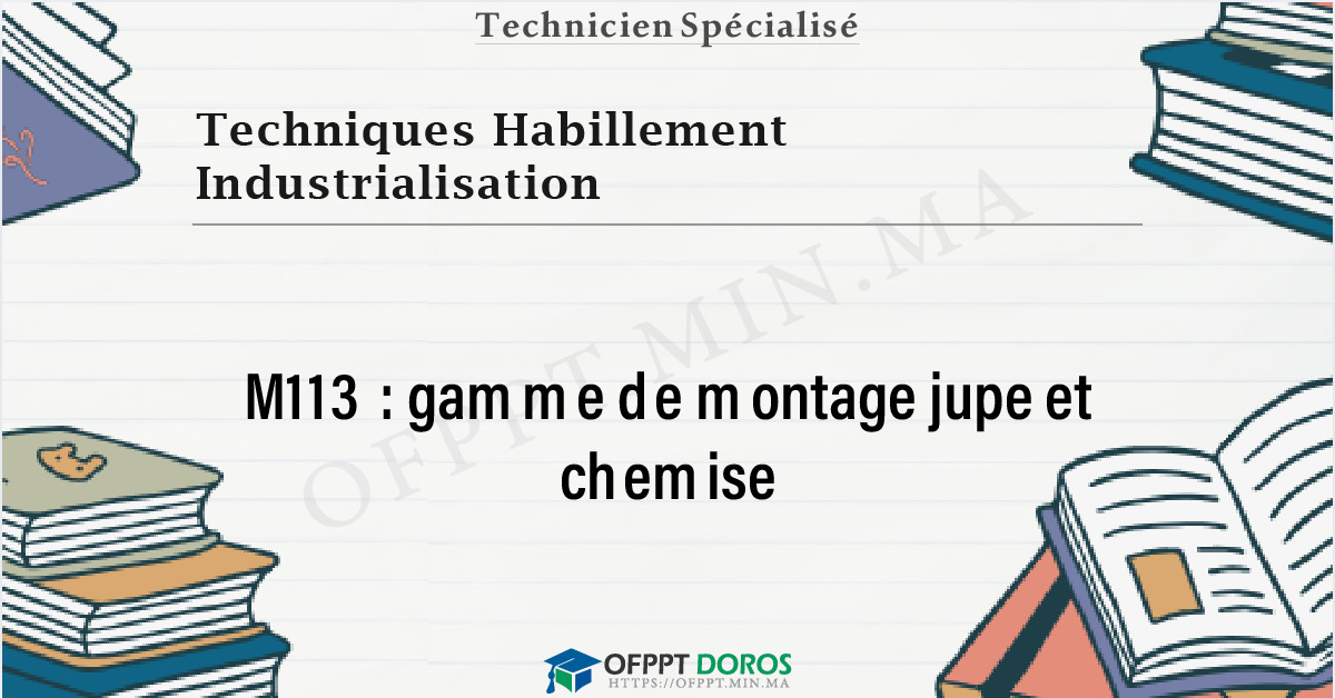 Couverture du cours OFPPT Techniques Habillement Industrialisation gamme de montage jupe et chemise M113 - 