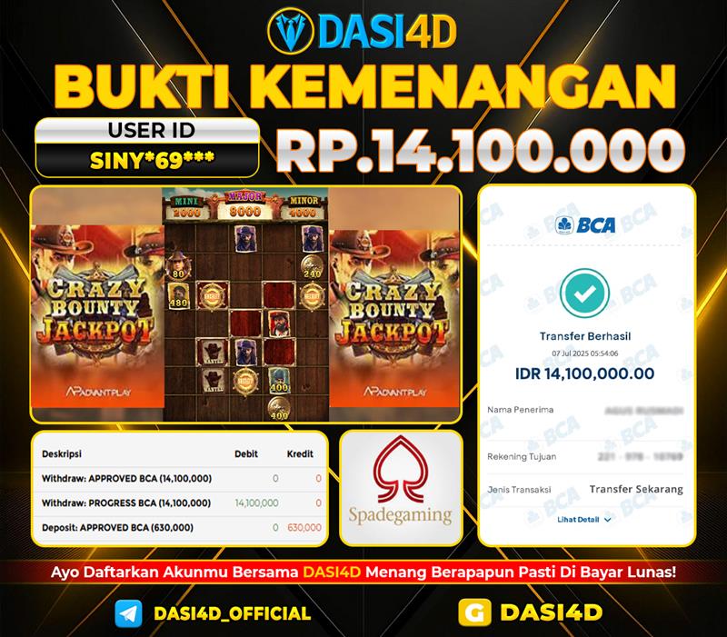 BUKTI KEMENANGAN 07 JULI 2025 DI CRAZY BOUNTY JACKPOT RP 14.100.000