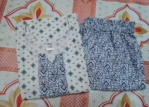 Printed Kurti Set White Blue Color 1 (KS128)
