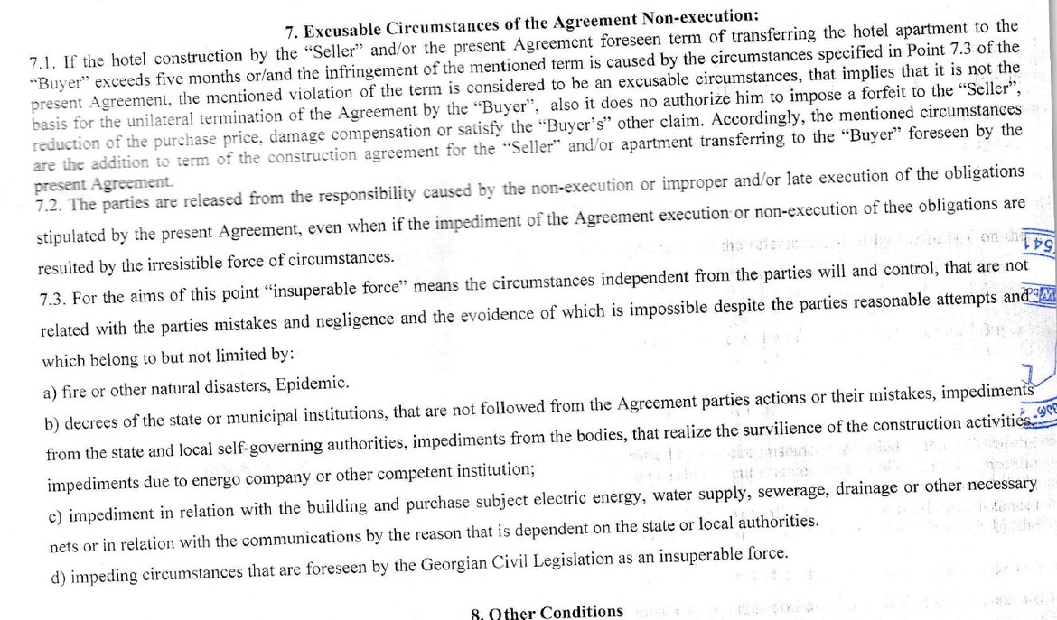Clause 7.1 of the Preliminary Contract granting theirselves indifinitely time to deliver me my apartment