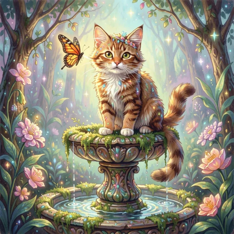 magical-realism-illustration-a-whimsical-cat-with-a-butterfl-on-his-nose-perched-on-a-moss-covered-f