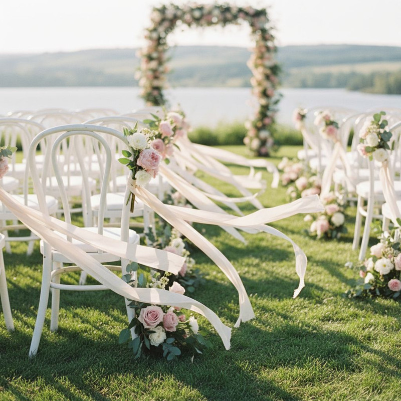 Стильное оформление стульев с помощью живых цветов и текстиля для выездного мероприятия.