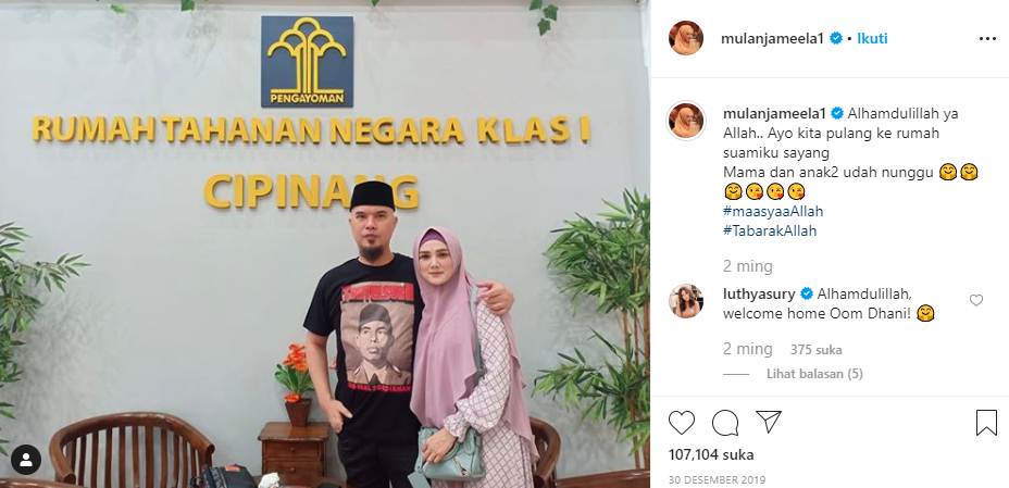 Mulan Jameela dengan Ahmad Dhani setelah bebas dari penjara