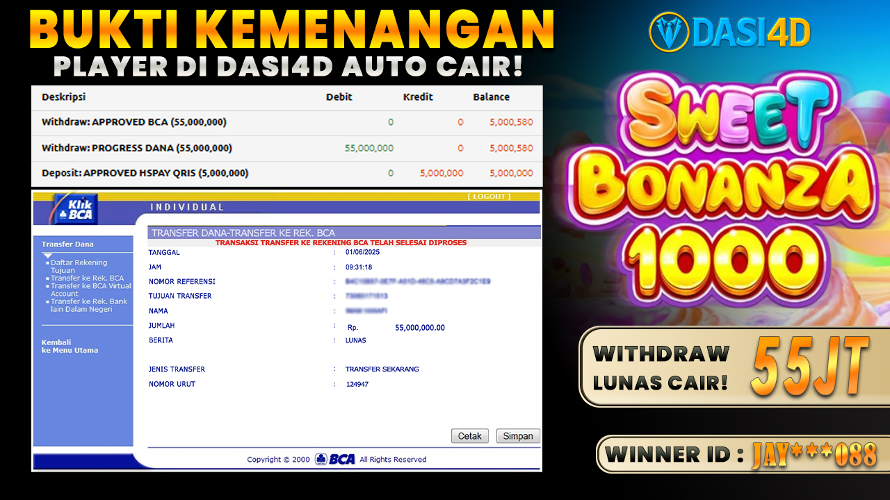 BUKTI KEMENANGAN 01 JUNI 2025 DI SWEET BONANZA 1000 WD 55 JUTA
