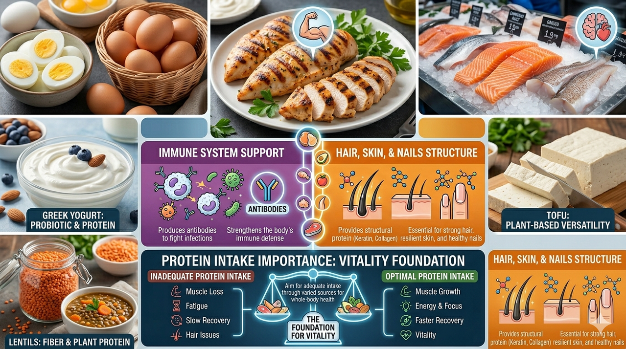 Collage of high-protein foods: eggs, chicken, fish, Greek yogurt, tofu, lentils, representing protein intake importance