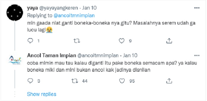 Jawaban kocak admin Twitter Ancol dalam menanggapi komentar warganet terkait spirit doll di Dufan.