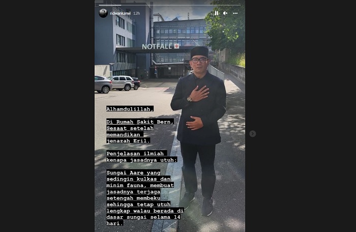 Dalam postingannya, Ridwan Kamil menyampaikan bahwa jenazah Eril ditemukan dalam kondisi utuh dan lengkap.