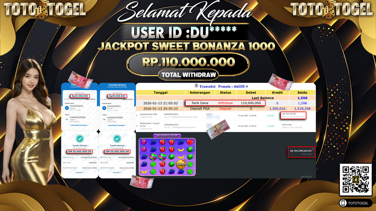 Bukti Pembayaran Jackpot Permainan Slot Sweet Bonanza 1000 ID:DU*****LUNAS