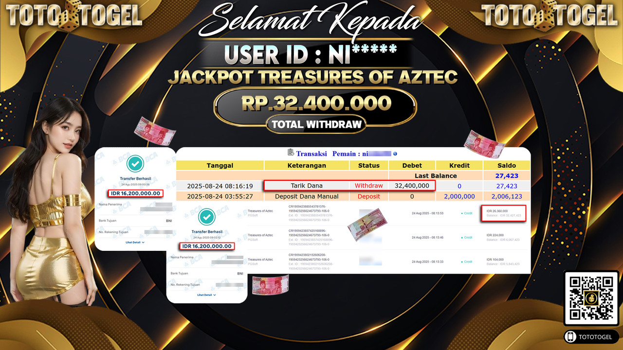 Bukti Pembayaran Jackpot Permainan Slot Treasures Of Aztec ID:NI***** LUNAS