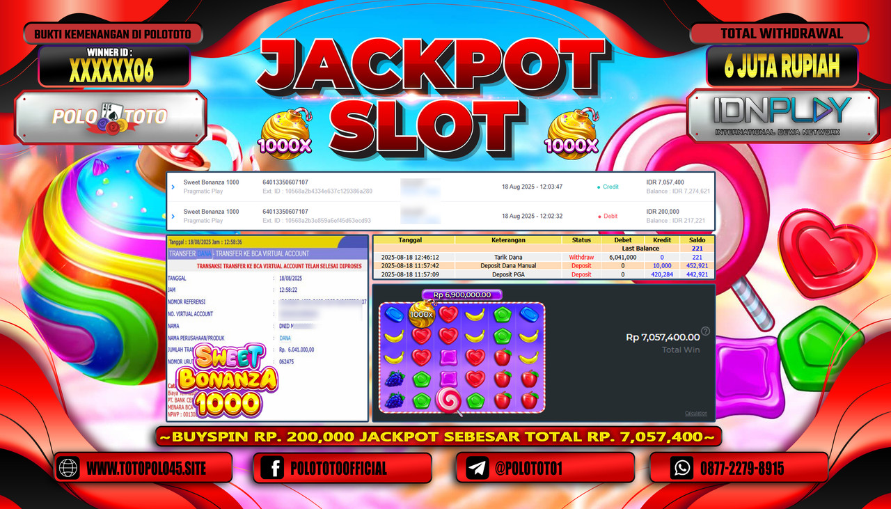 POLOTOTO JACKPOT SLOT SWEET BONANZA 1000 Rp.6.000.000,- LUNAS