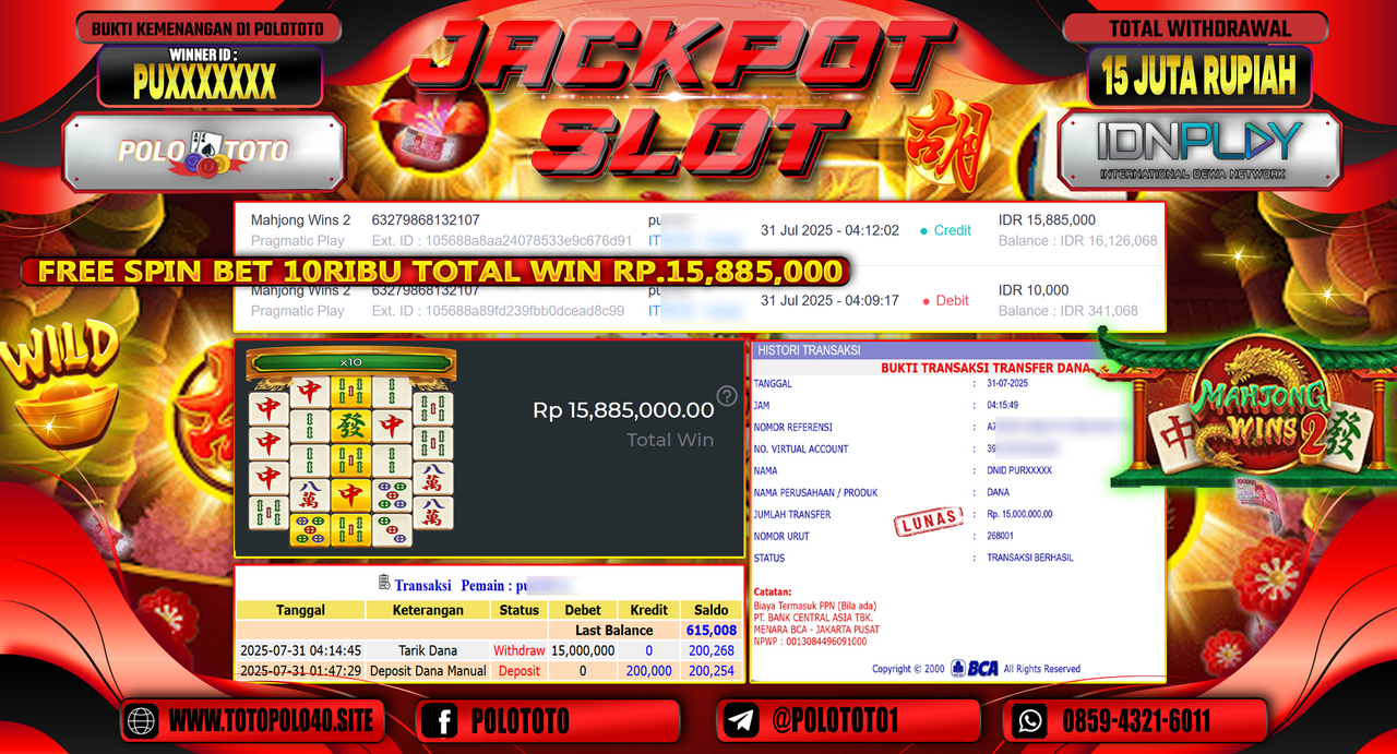 POLOTOTO JACKPOT SLOT MAHJONG WAYS 2 Rp.15.000.000,-LUNAS