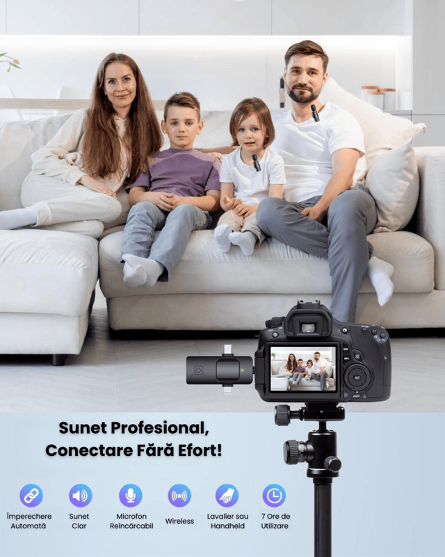 Microfon lavaliera wireless profesional; Compatibil iPhone, Android, laptop, tableta; Conectori Type-C si Lightning; Reducere zgomot de fond; Microfon reincarcabil si portabil; Frecventa 2.4 GHz pentru streaming live; Set 2 microfoane lavaliera; Mini Mic Pro HASEPE; Ideal pentru vlogging si podcasting; Transmisie audio stabila si clara