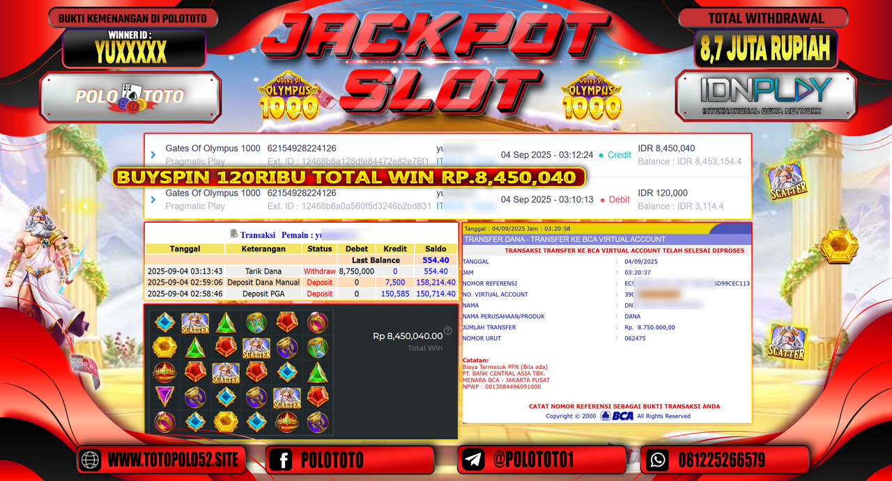 POLOTOTO JACKPOT SLOT GATES OF OLYMPUS 1000 Rp.8.750.000,-