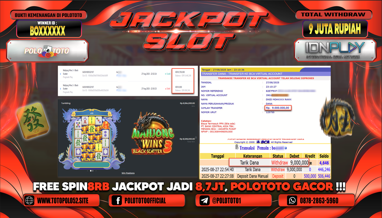 POLOTOTO JACKPOT SLOT MAHJONG WINS 3 BLACK SCATTER Rp.9.000.000,- LUNAS