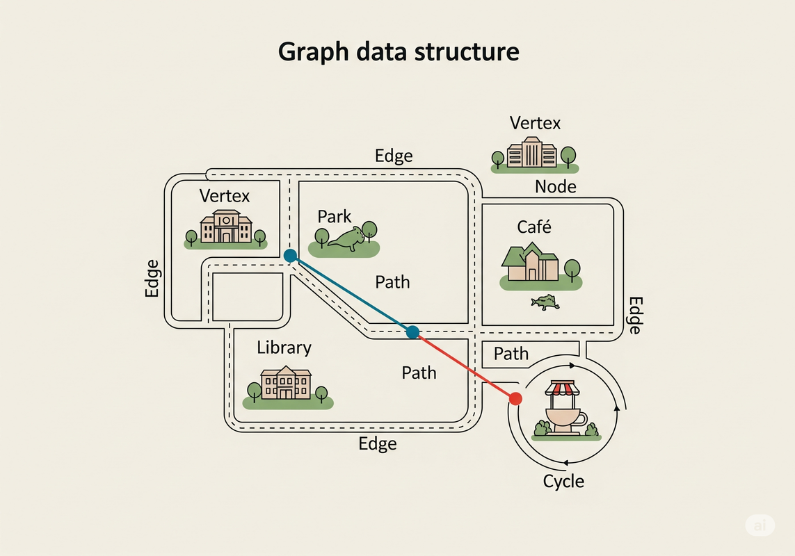 A stylized city map showing locations as nodes and roads as edges.