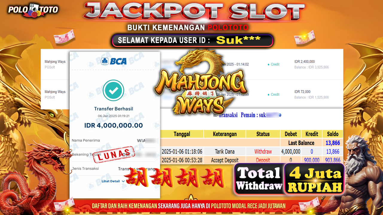 POLOTOTO JACKPOT SLOT MAHJONG WAYS Rp.4,000.000,-