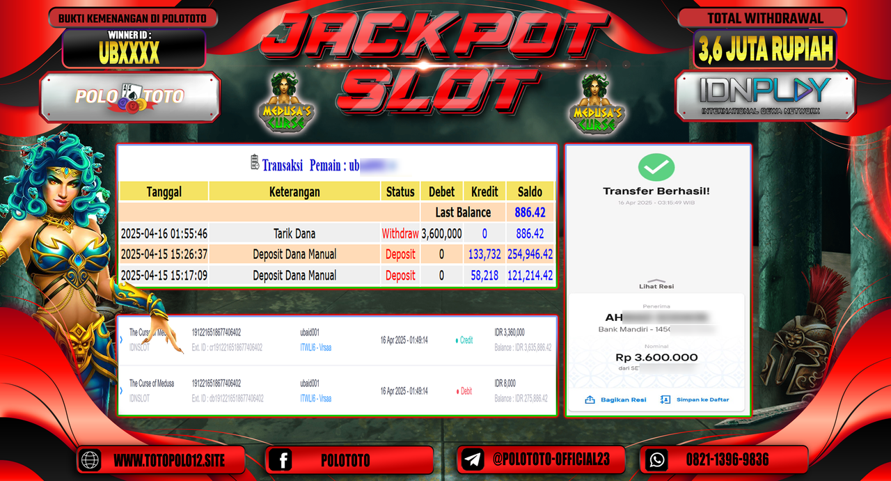POLOTOTO JACKPOT SLOT THE CURSE OF MEDUSA Rp.3.600.000,-