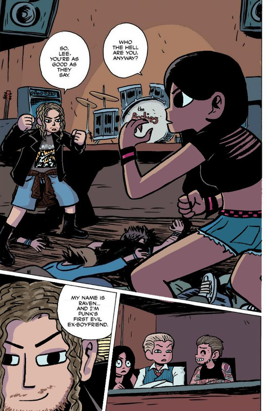 a scott pilgrim panel edit of various wrestlers. aj lee is scott, raven is matthew, cm punk is ramona, cody rhodes is wallace, and rhea ripley is stacey. panel 1: raven says 'so, lee, you're as good as they say.' aj says 'who the hell are you, anyway?' panel 2: raven says 'my name is raven...and i'm punk's first evil ex boyfriend' panel 3: punk smiles awkwardly at a shocked cody and rhea