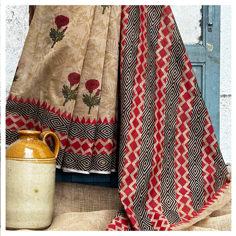 Hand Block Printed Muesli Beige Textured Saree with Floral and Geometric Motifs