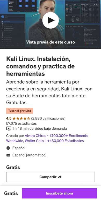 Udemy: ¡Curso GRATIS! Kali Linux. Instalación, comandos y practica de herramientas.