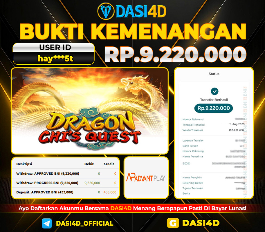 BUKTI KEMENANGAN 11 AGUSTUS 2025 DI DRAGON CHIS QUEST WD 9.220.000