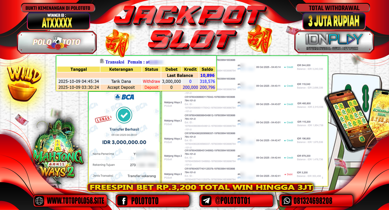 POLOTOTO JACKPOT SLOT MAHJONG WAYS 2 Rp.3.000.000,- LUNAS