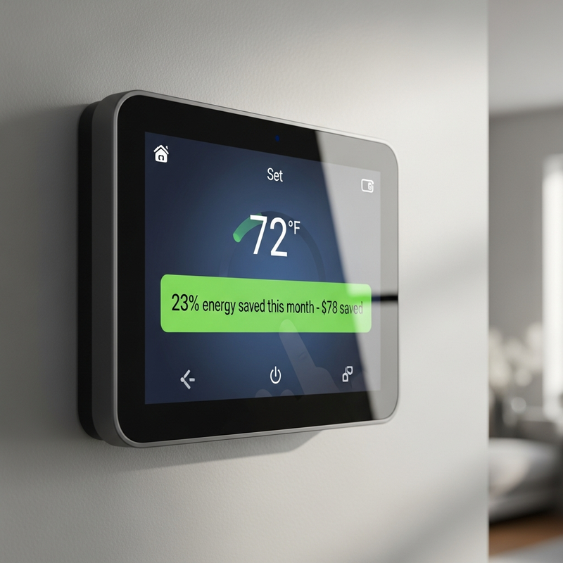 Smart thermostat display showing energy savings and monthly cost reduction