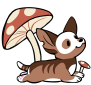 A brown corgi resting under a giant mushroom